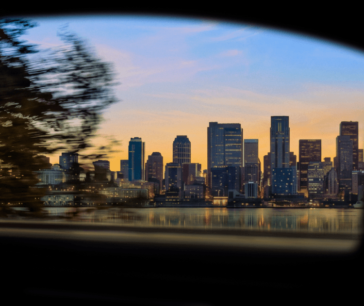 City skyline at sunset